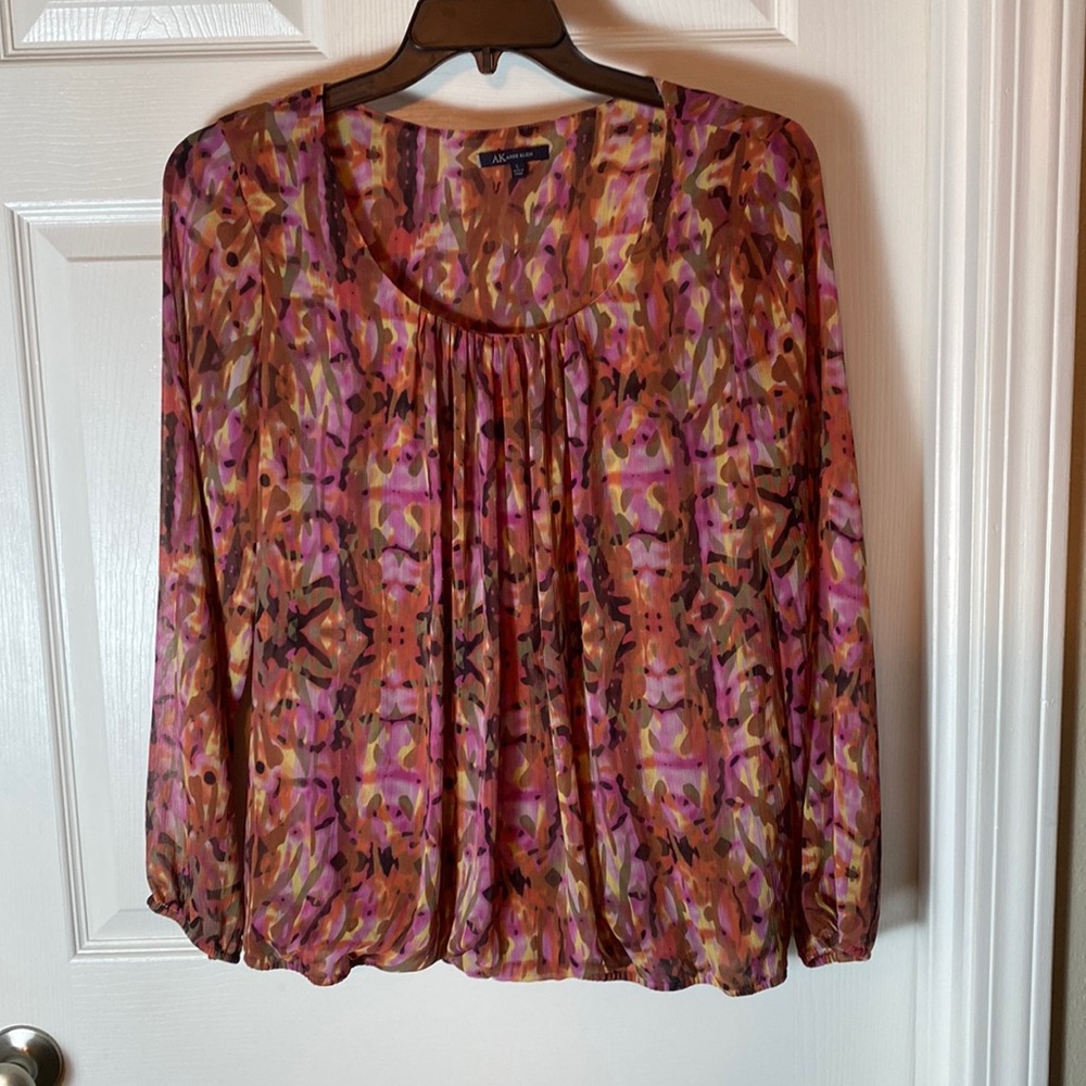 AK Anne Klein Scoop Neck Top Blouse Flowy Sheer elastic waist line size Large